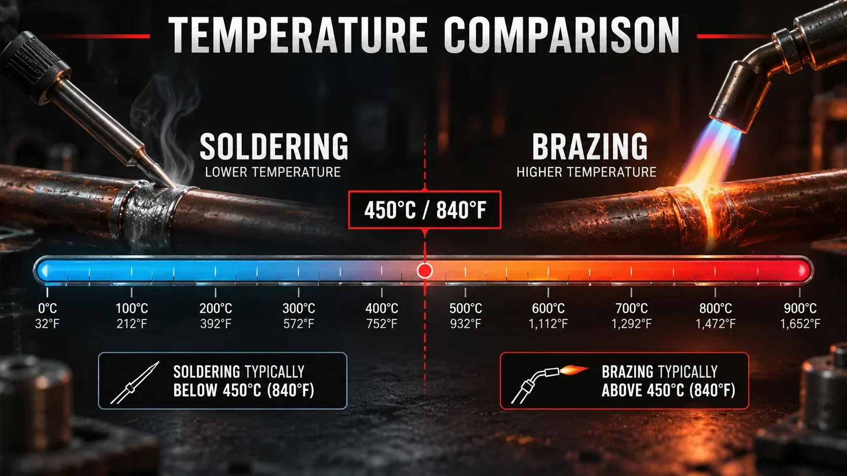 Soldering vs brazing temperature comparison with 450 degrees Celsius 840 degrees Fahrenheit threshold