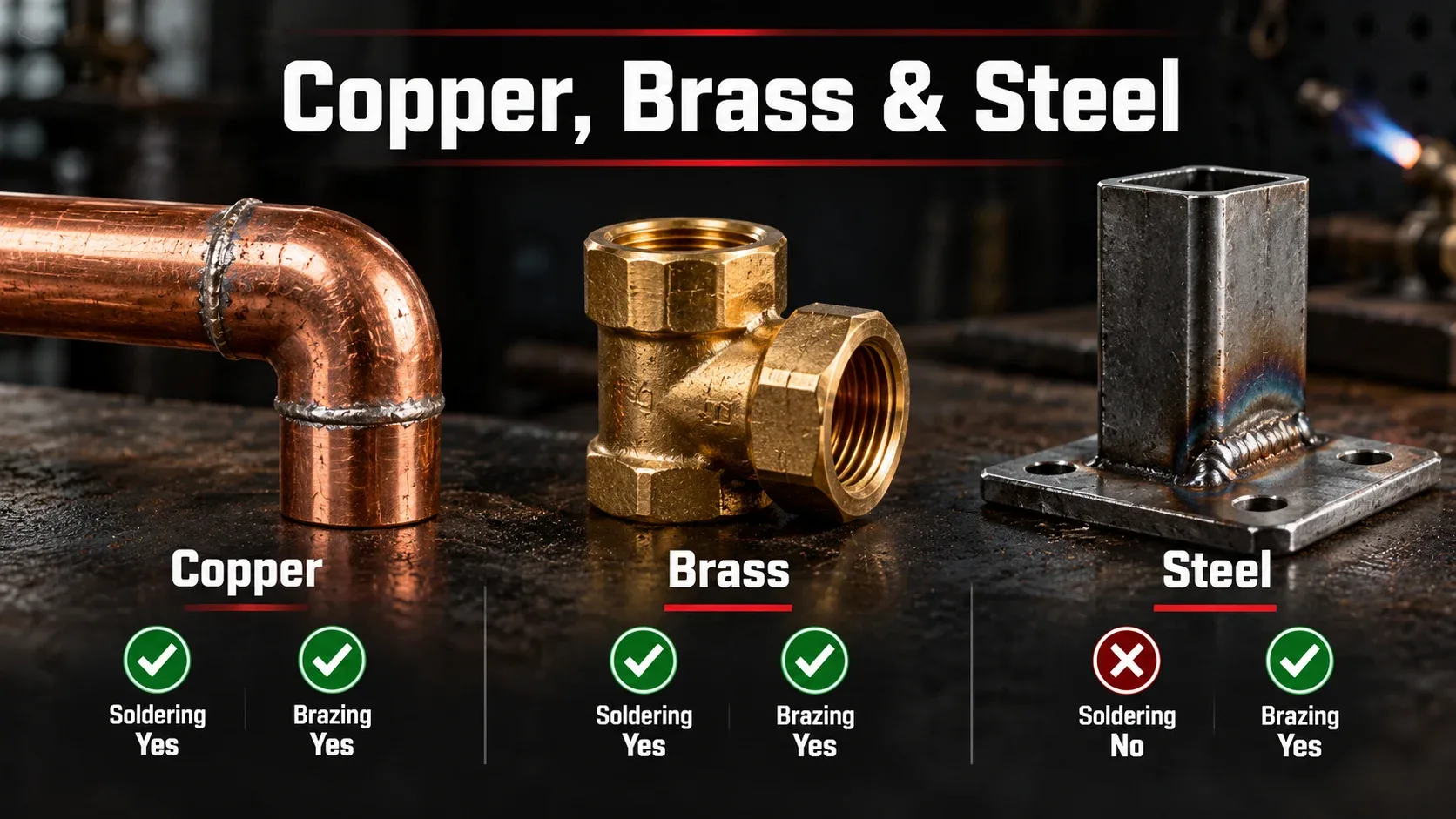 Copper brass and steel soldering and brazing compatibility comparison