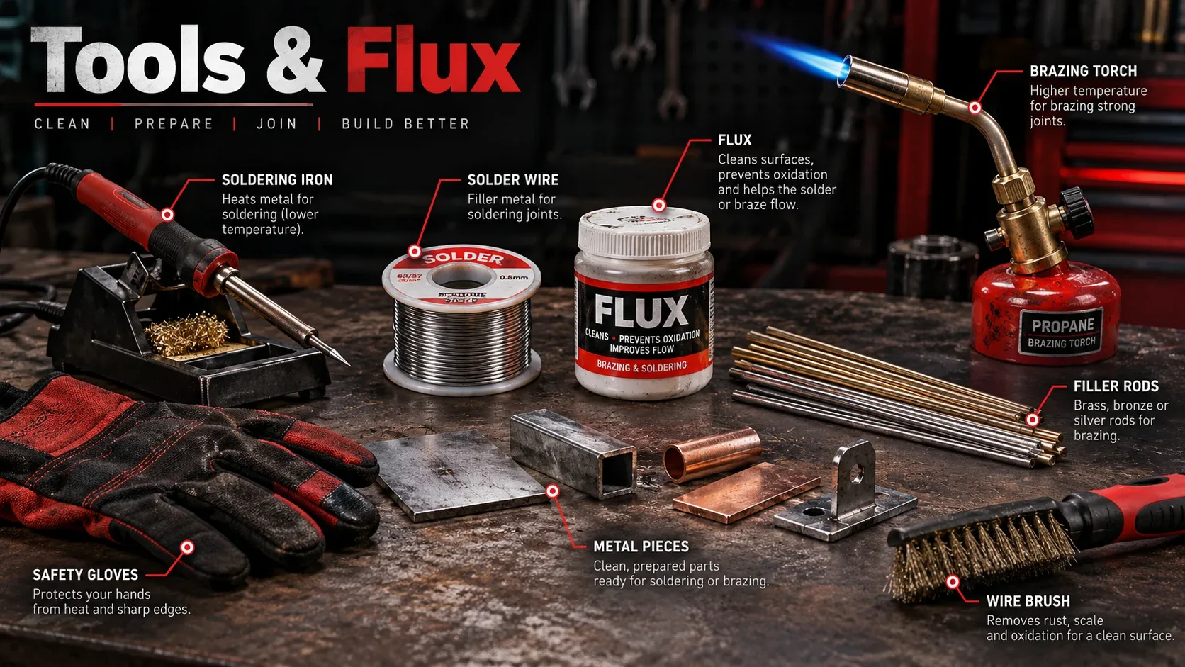 Soldering and brazing tools including soldering iron flux brazing torch filler rods and wire brush