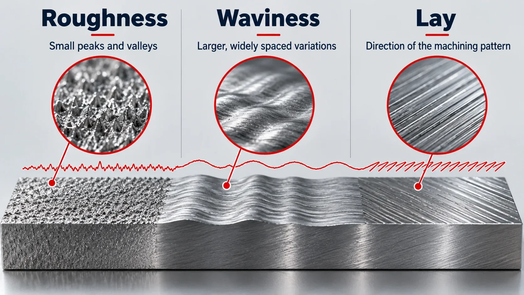 Roughness waviness and lay explained on a machined surface