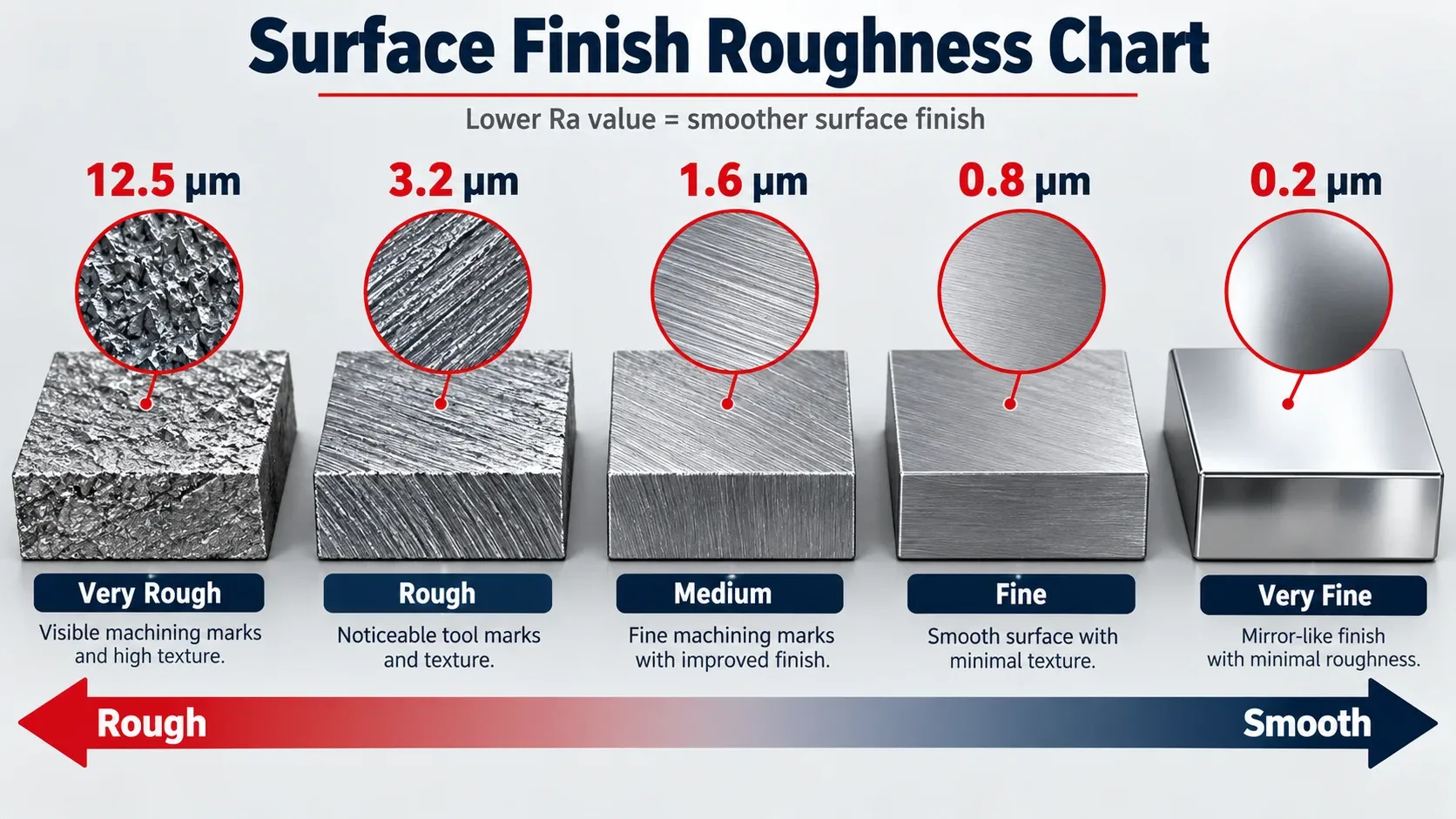 Surface finish roughness chart showing Ra values from rough to smooth