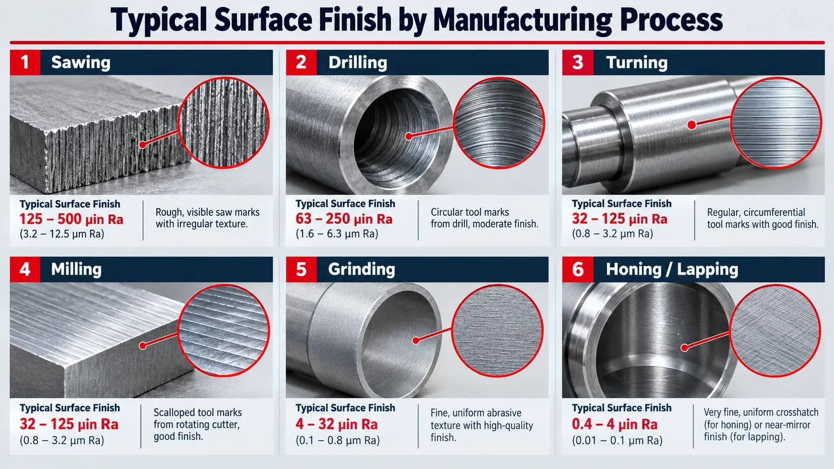 Typical surface finish produced by sawing drilling turning milling grinding honing and lapping