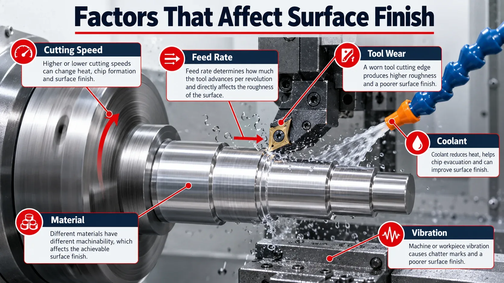 Factors that affect surface finish including cutting speed feed rate tool wear coolant material and vibration