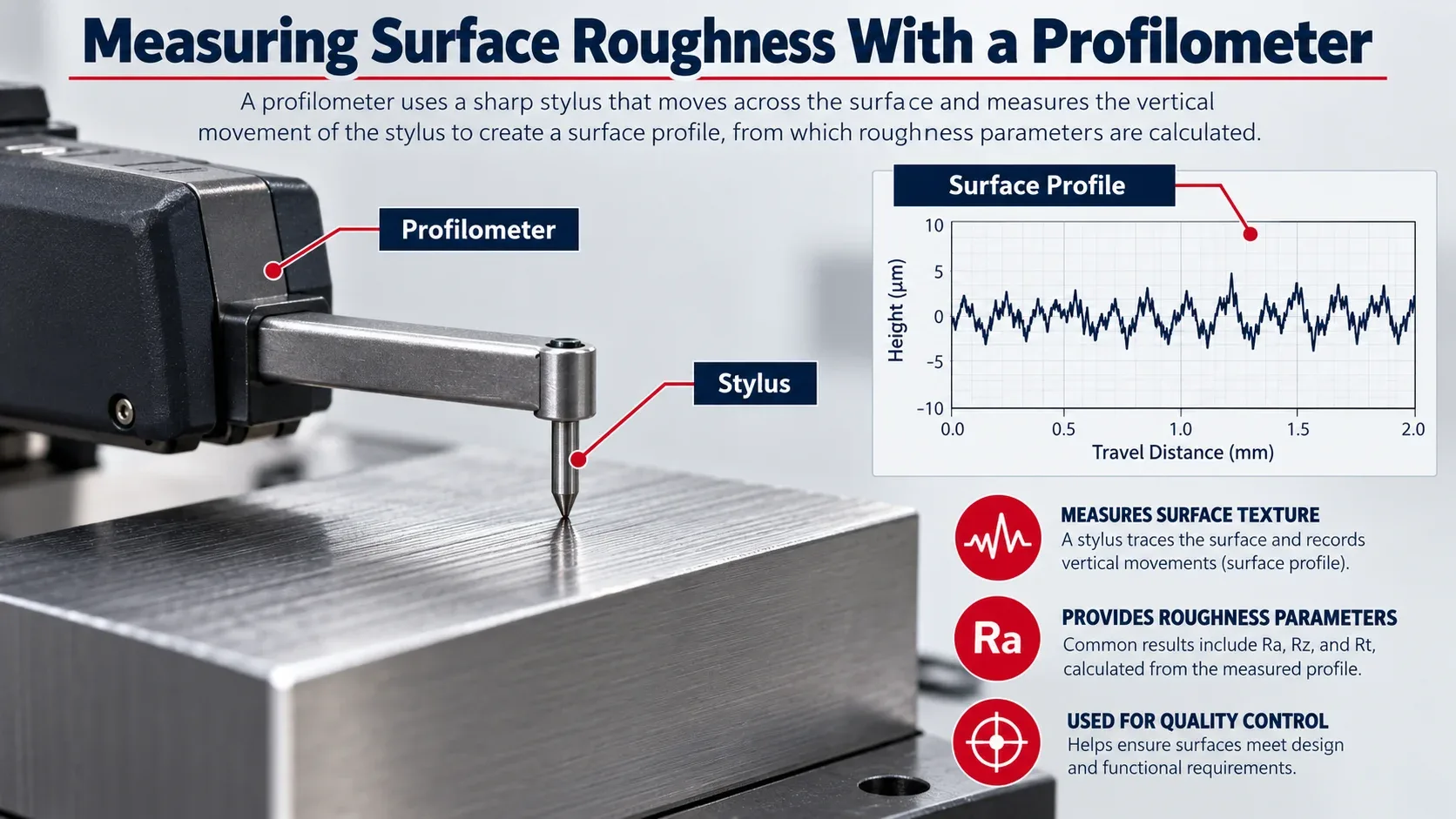 Profilometer measuring surface roughness with a stylus and surface profile graph