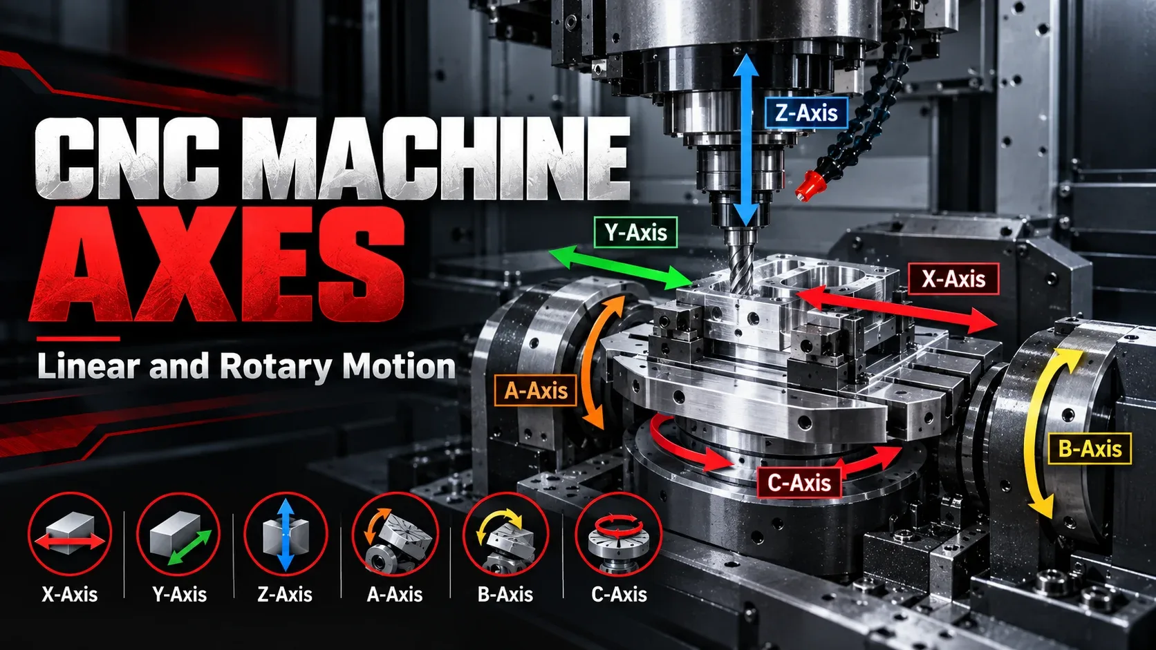 CNC machine axes X Y Z A B and C showing linear and rotary motion