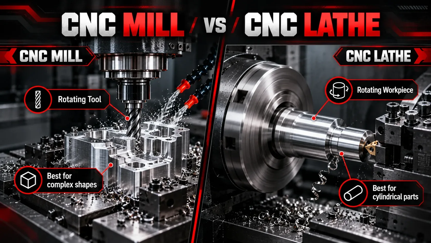 CNC mill vs CNC lathe comparison showing rotating cutting tool and rotating workpiece