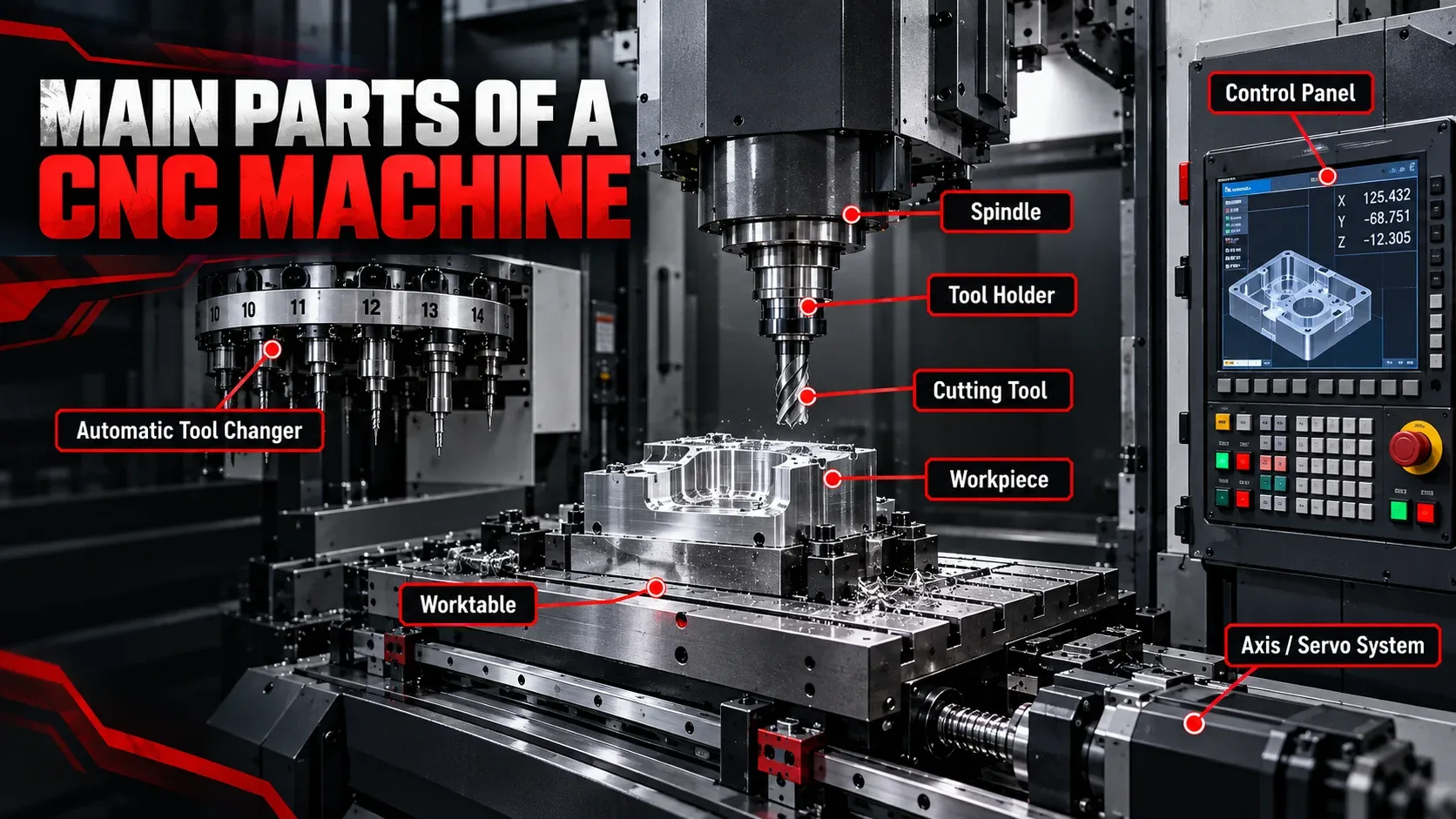 Main parts of a CNC machine including spindle tool holder worktable control panel and tool changer