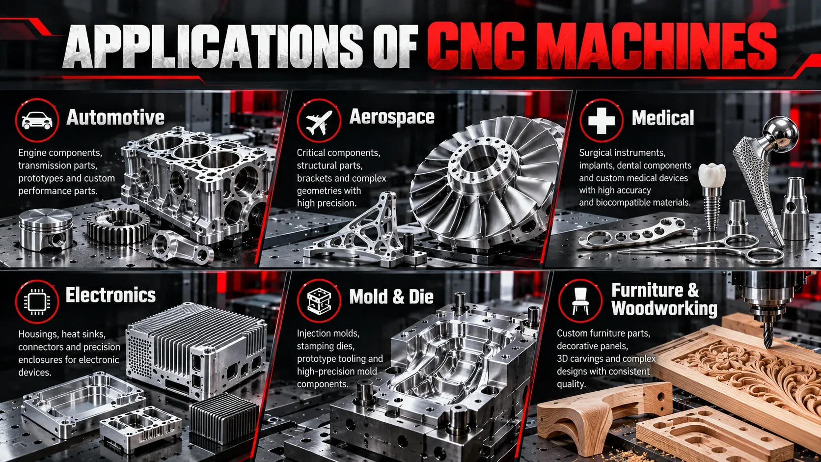 Applications of CNC machines in automotive aerospace medical electronics mold and woodworking industries