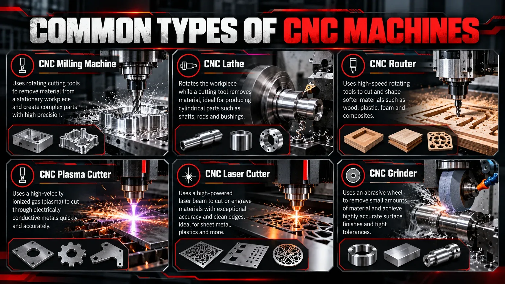 Common types of CNC machines including milling lathe router plasma laser and grinding machines