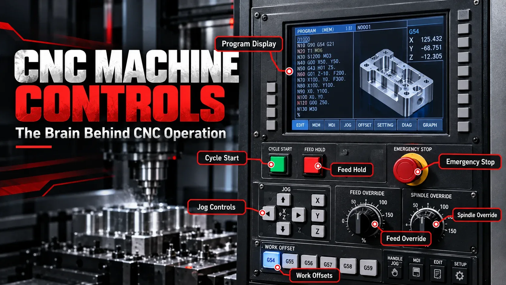 CNC machine control panel showing cycle start feed hold jog controls offsets and emergency stop