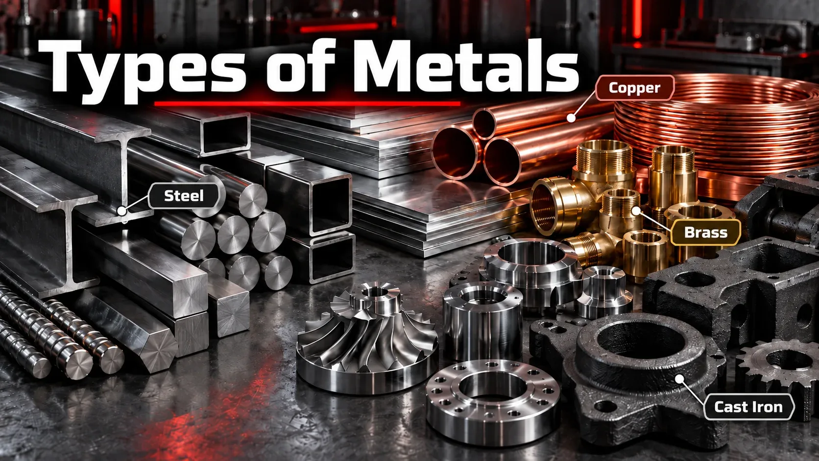 Types of metals including steel, copper, brass and cast iron