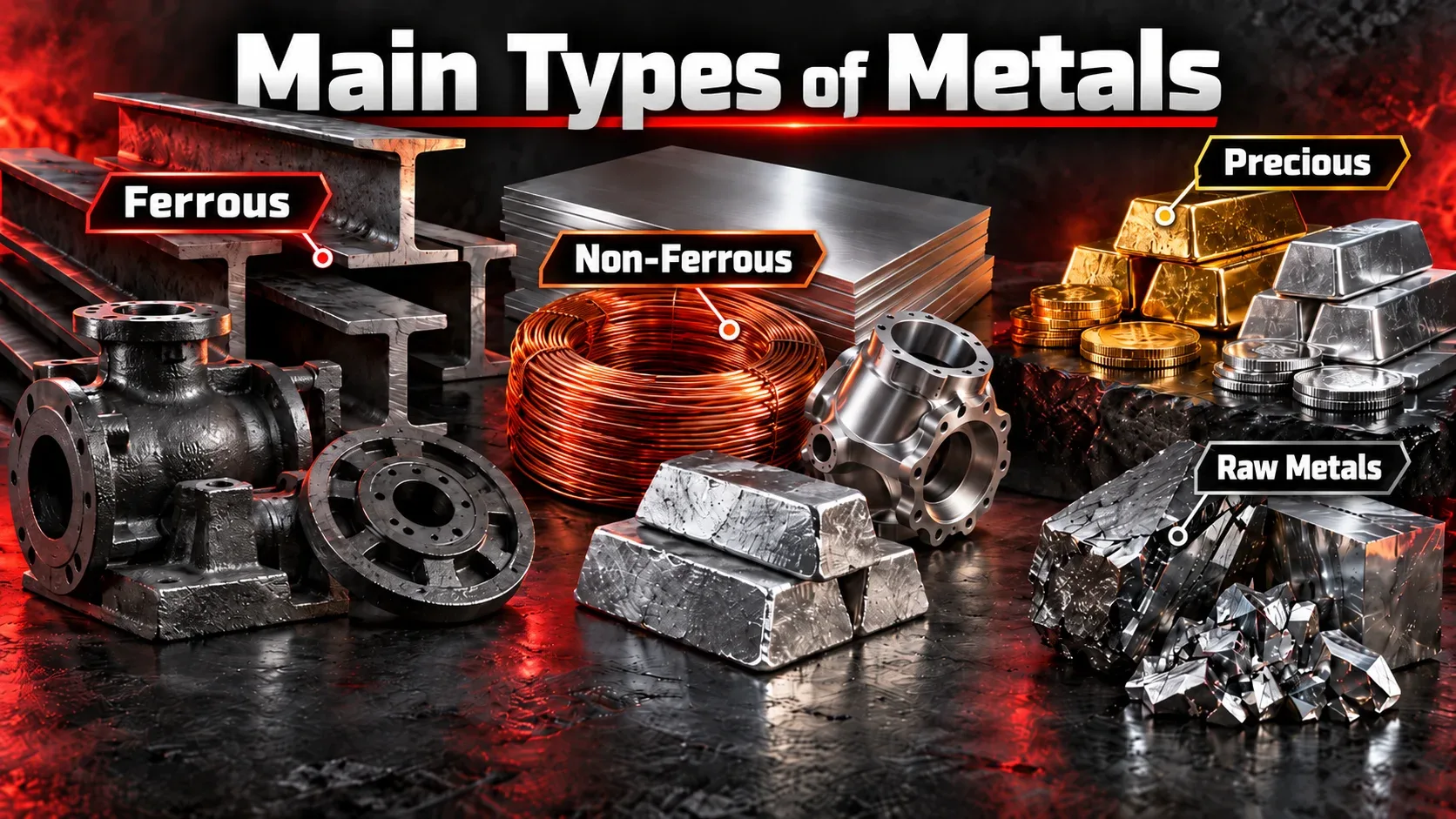 Main types of metals including ferrous, non-ferrous, precious and raw metals