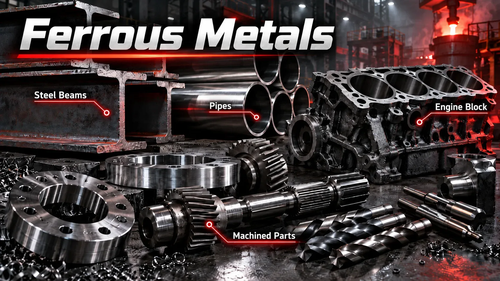 Ferrous metals including steel beams, pipes, engine block and machined components