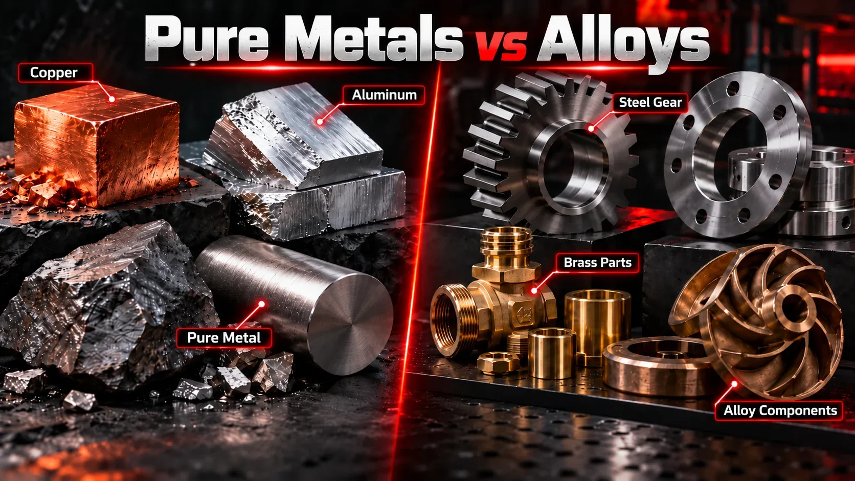 Pure metals compared with alloys such as steel, brass and bronze