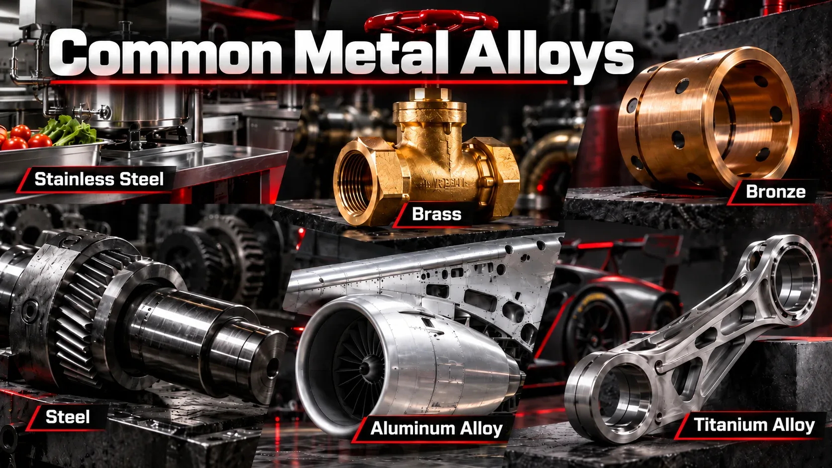 Common metal alloys including stainless steel, brass, bronze, aluminum alloy and titanium alloy