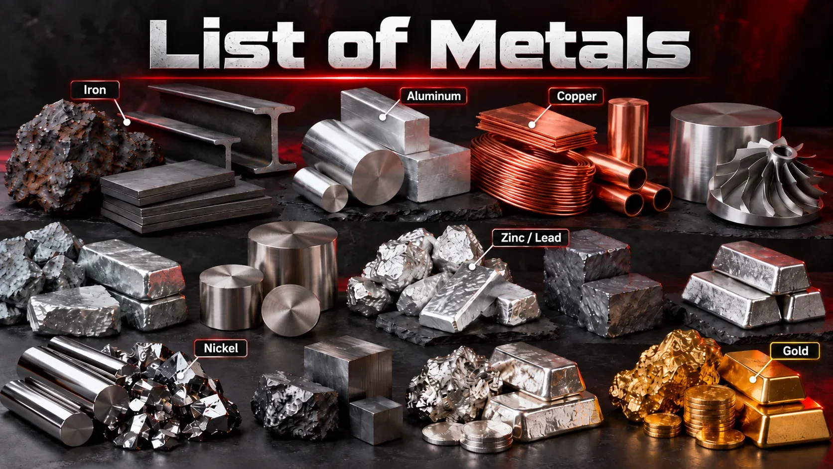 List of metals including iron, aluminum, copper, nickel, zinc and gold