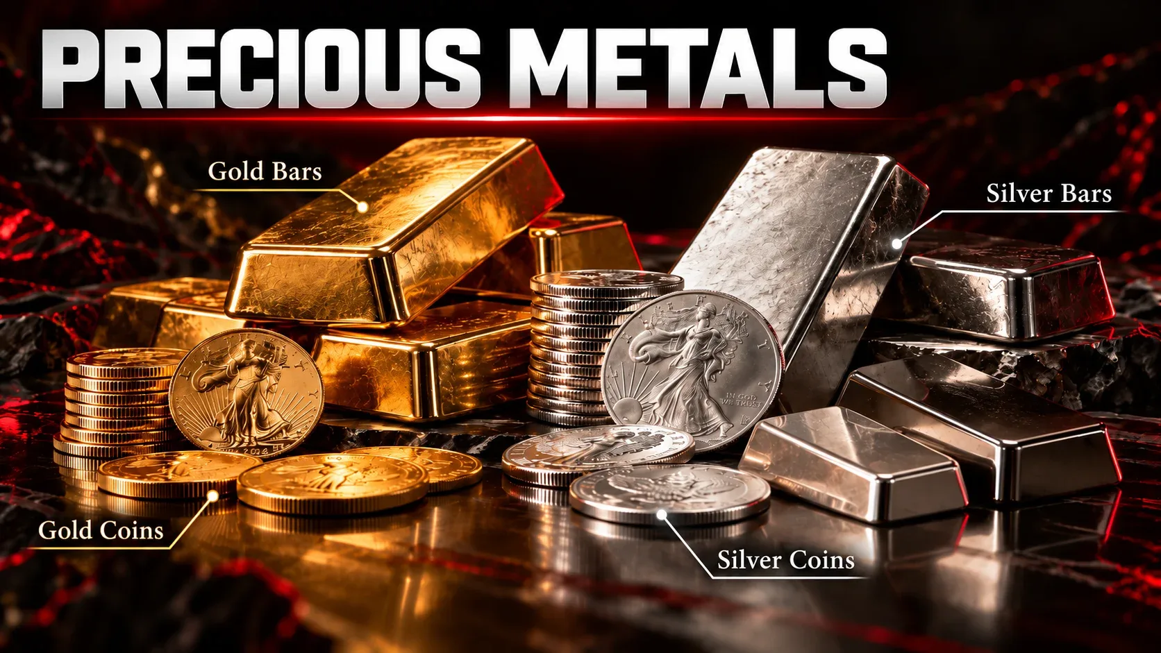Precious metals including gold and silver bars and coins
