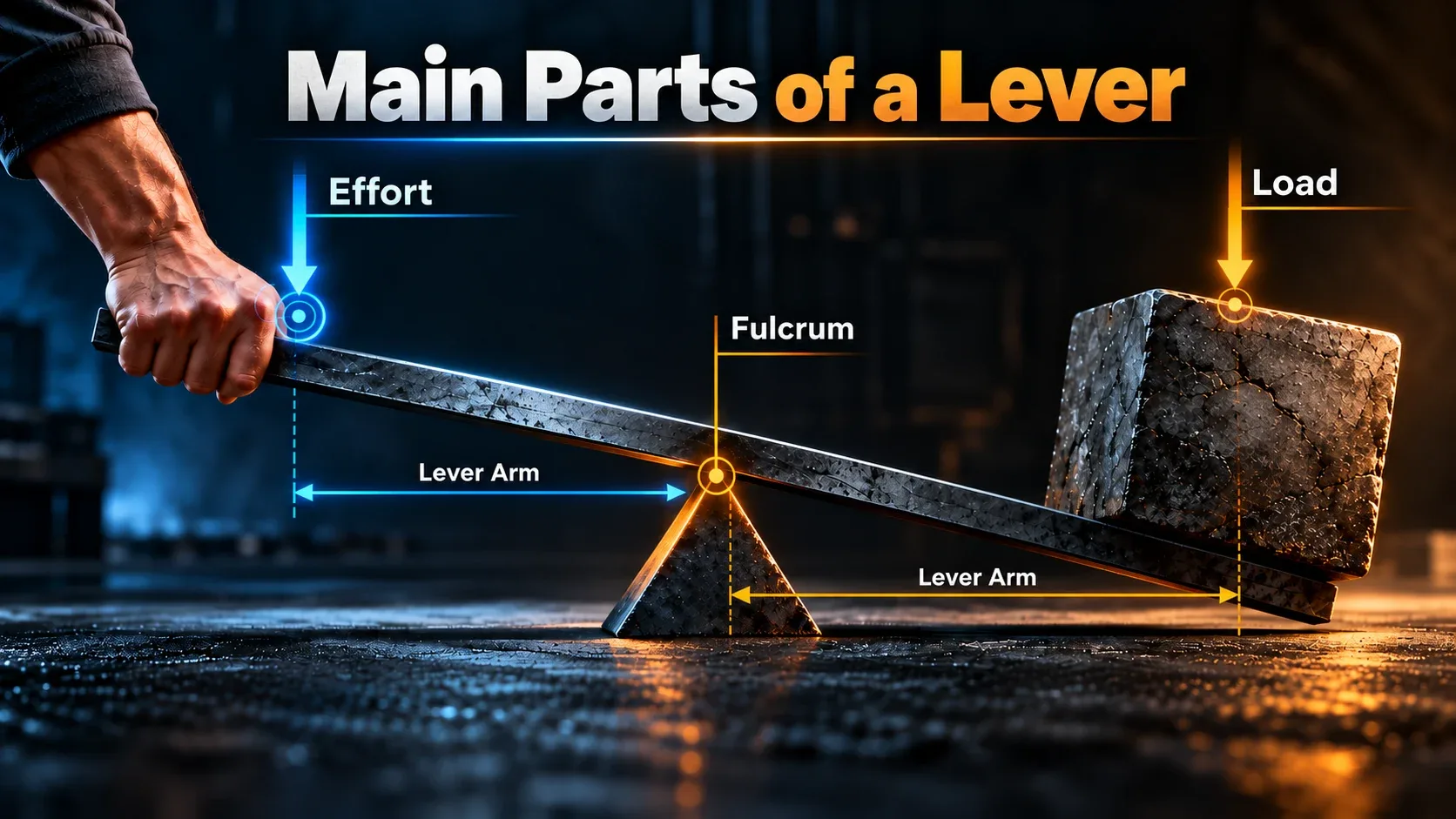 Main parts of a lever including effort, fulcrum, load and lever arm