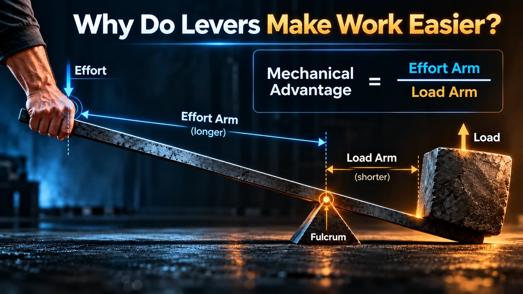 Mechanical advantage of a lever showing effort arm and load arm