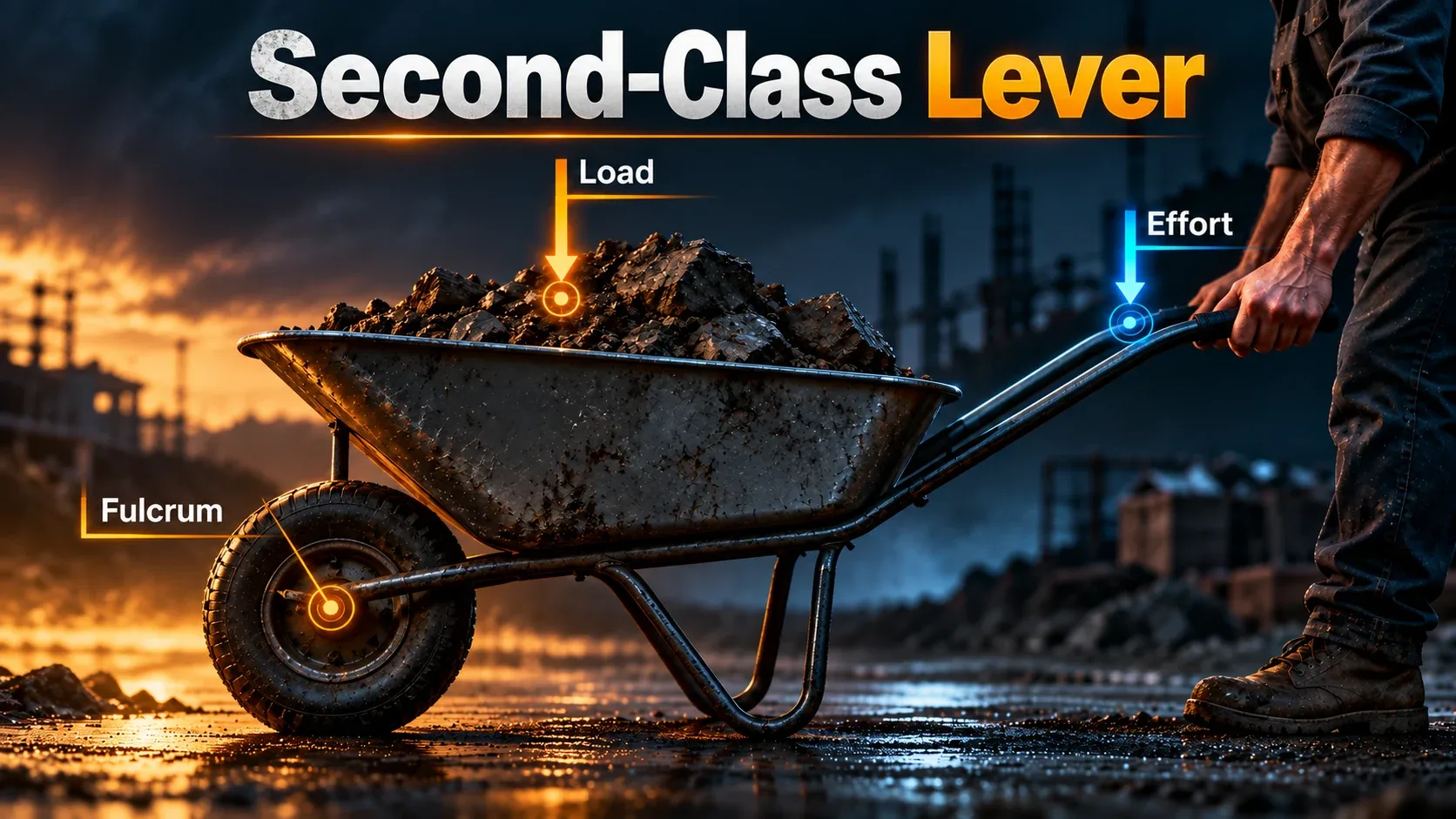 Second-class lever wheelbarrow showing fulcrum, load and effort