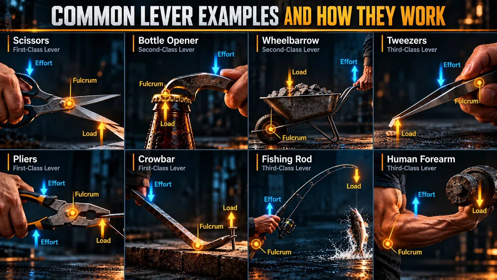 Common lever examples including scissors, wheelbarrow, tweezers and crowbar