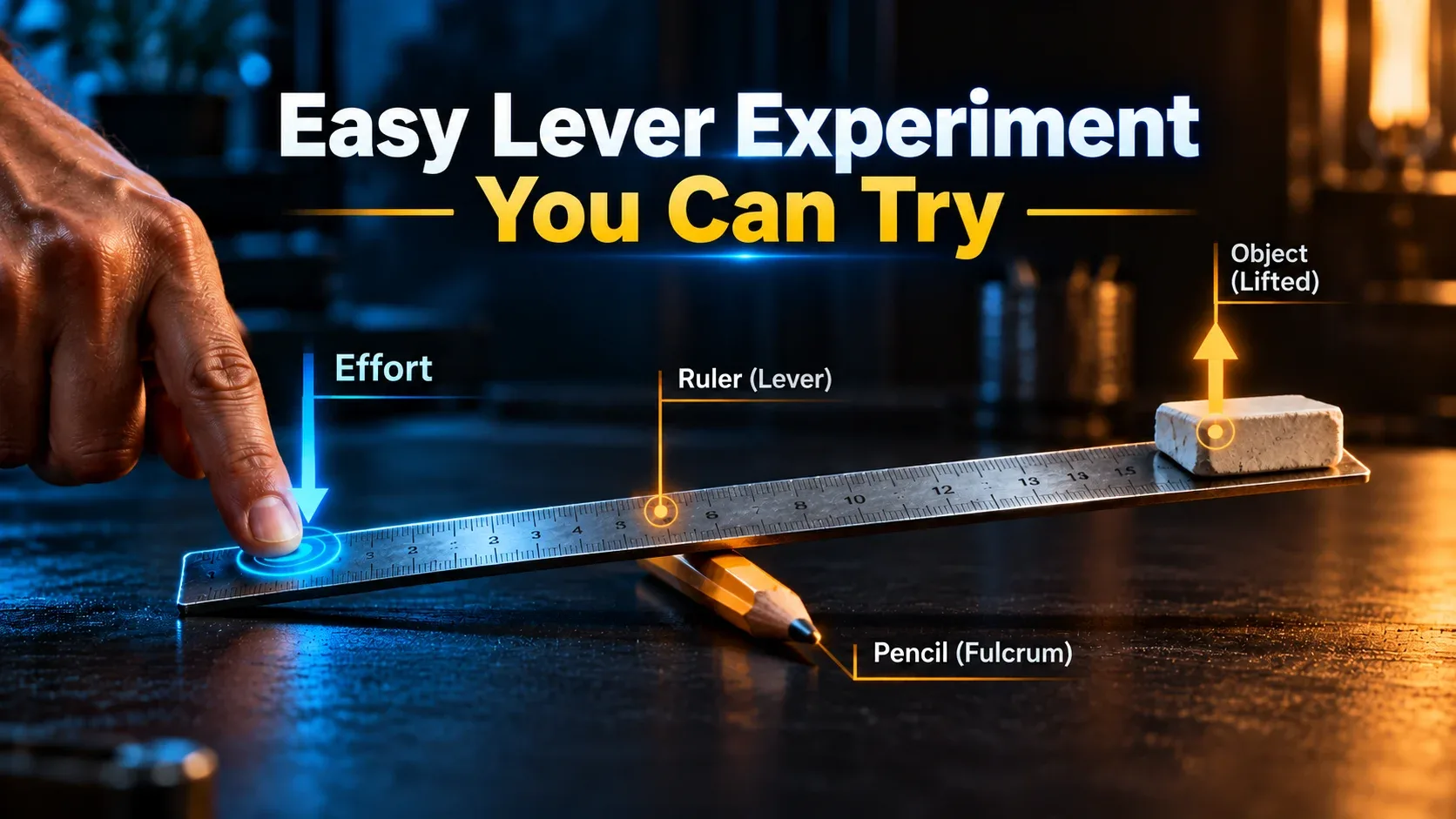 Easy lever experiment using a ruler, pencil fulcrum and small object