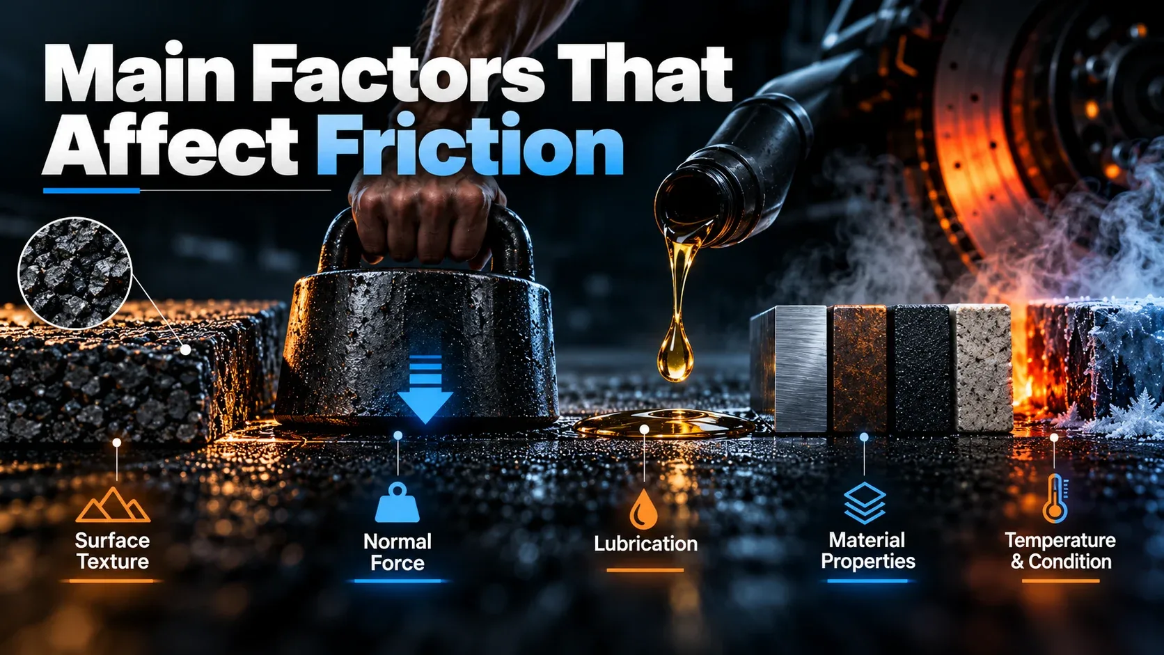 Main factors affecting friction including surface texture normal force lubrication materials and temperature