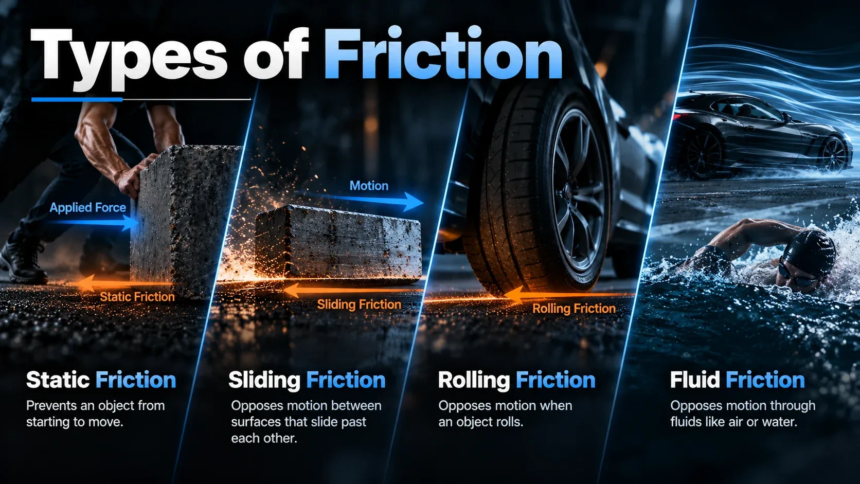 Types of friction including static sliding rolling and fluid friction