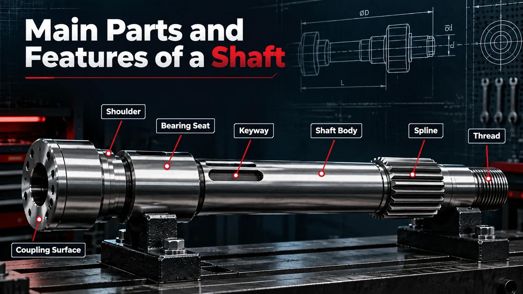 Main parts and features of a mechanical shaft including keyway spline and bearing seat