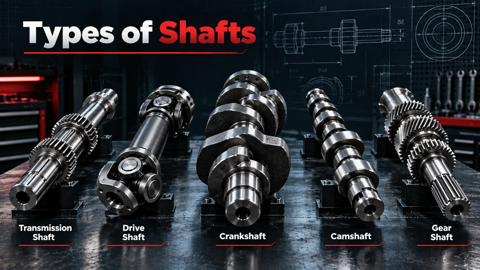 Different types of shafts including transmission drive crankshaft camshaft and gear shaft