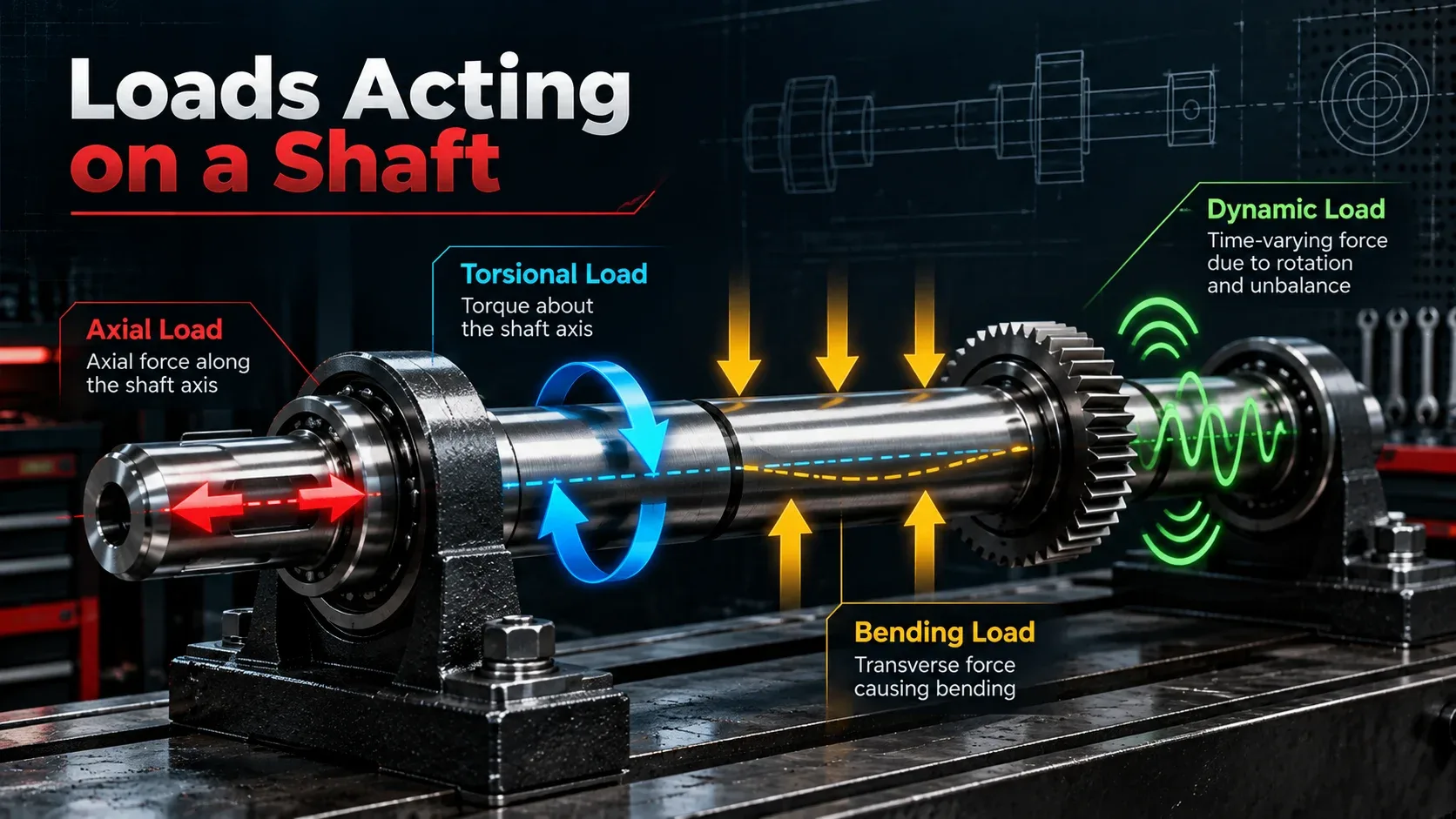 Loads acting on a shaft including torsional bending axial and dynamic loads