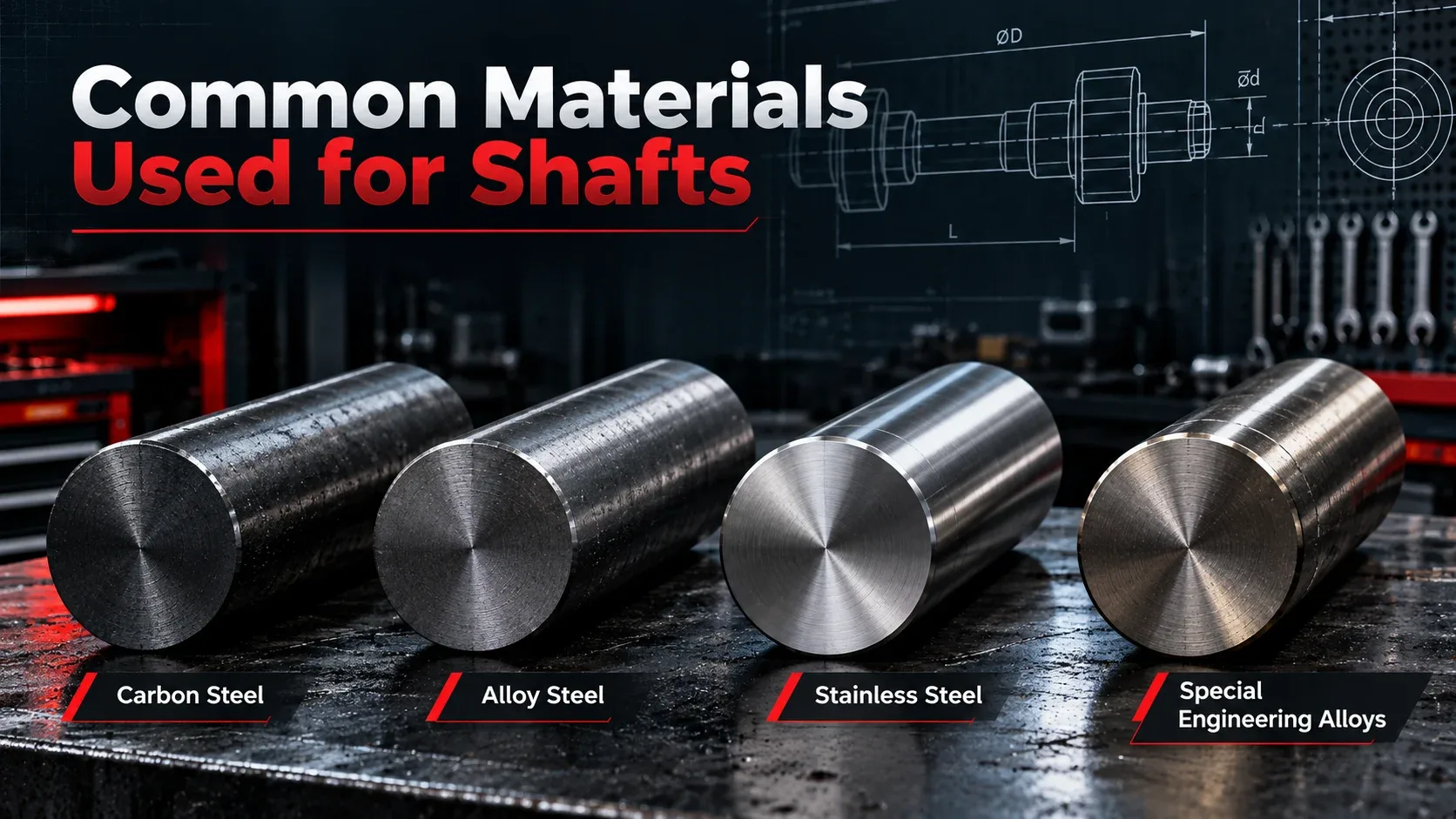 Common shaft materials including carbon steel alloy steel stainless steel and engineering alloys