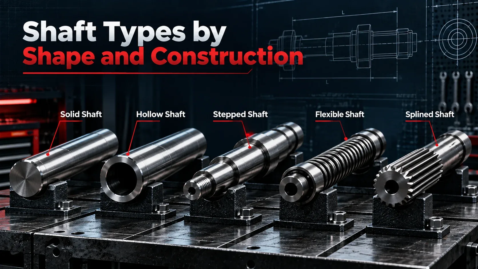 Shaft types by shape and construction including solid hollow stepped flexible and splined shaft