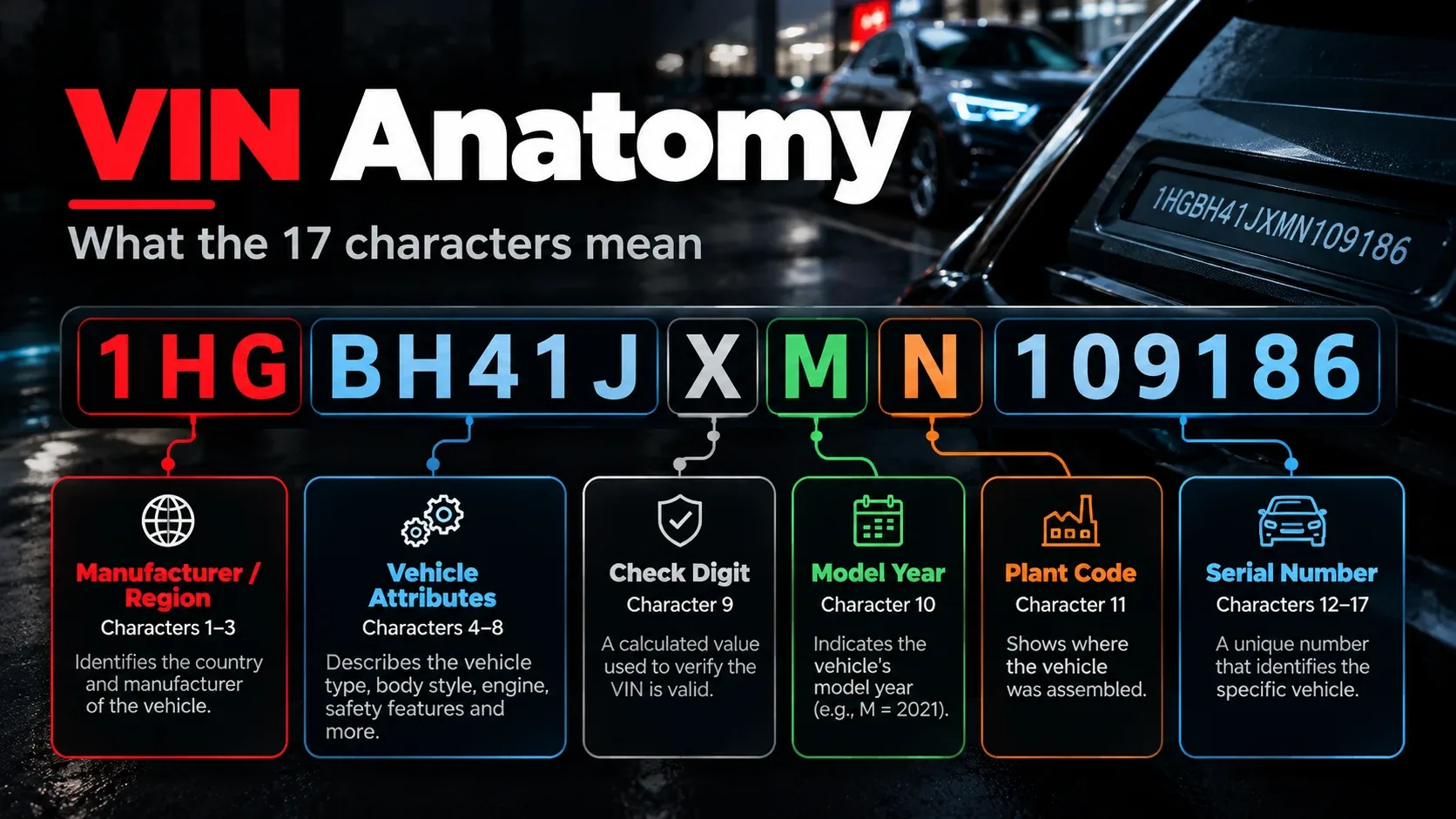 VIN anatomy infographic explaining the 17 characters of a vehicle identification number