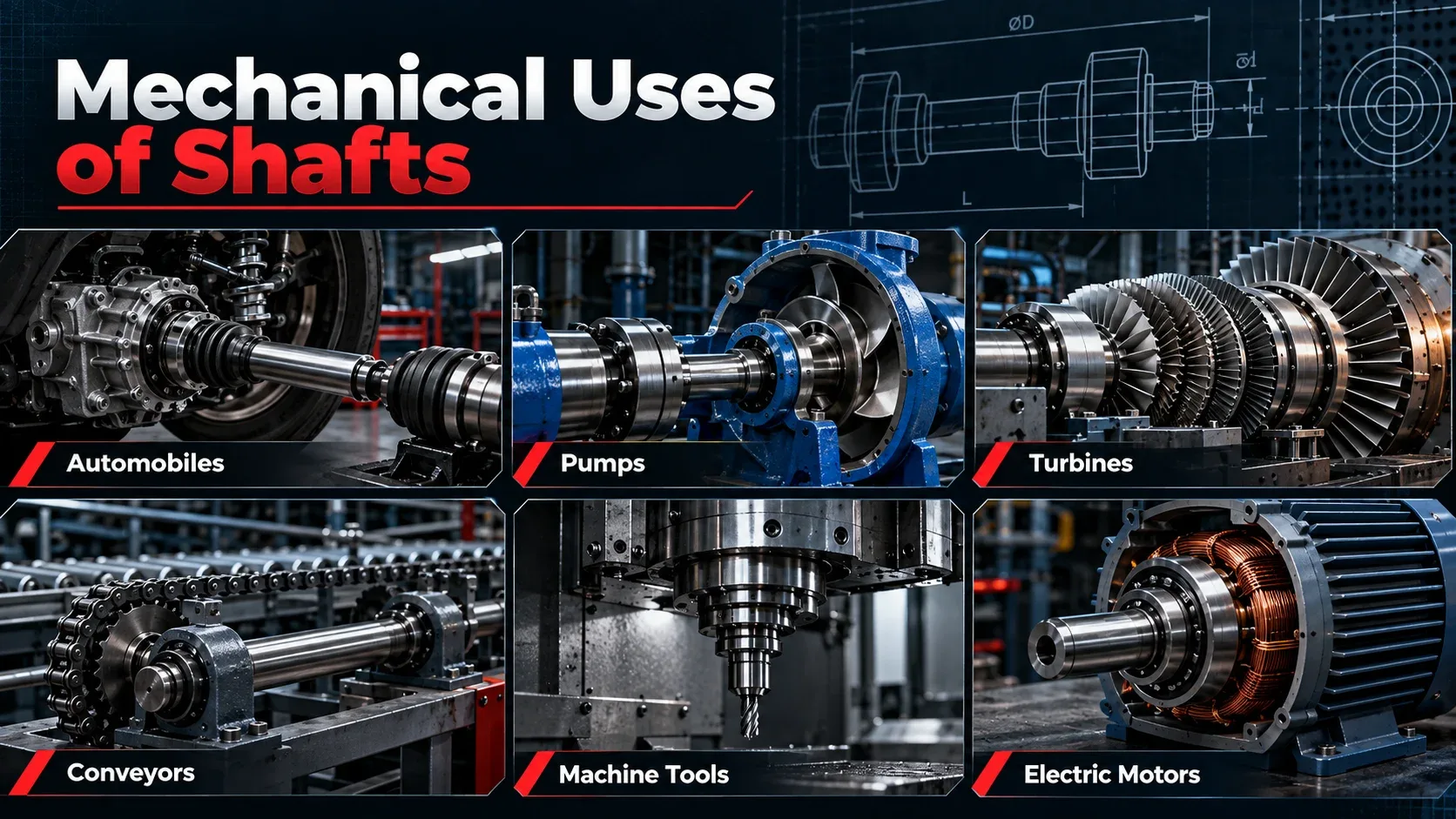 Mechanical uses of shafts in automobiles pumps turbines conveyors machine tools and electric motors