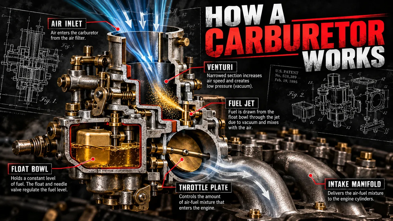 How a carburetor works diagram showing air inlet, venturi, fuel jet, float bowl and throttle plate