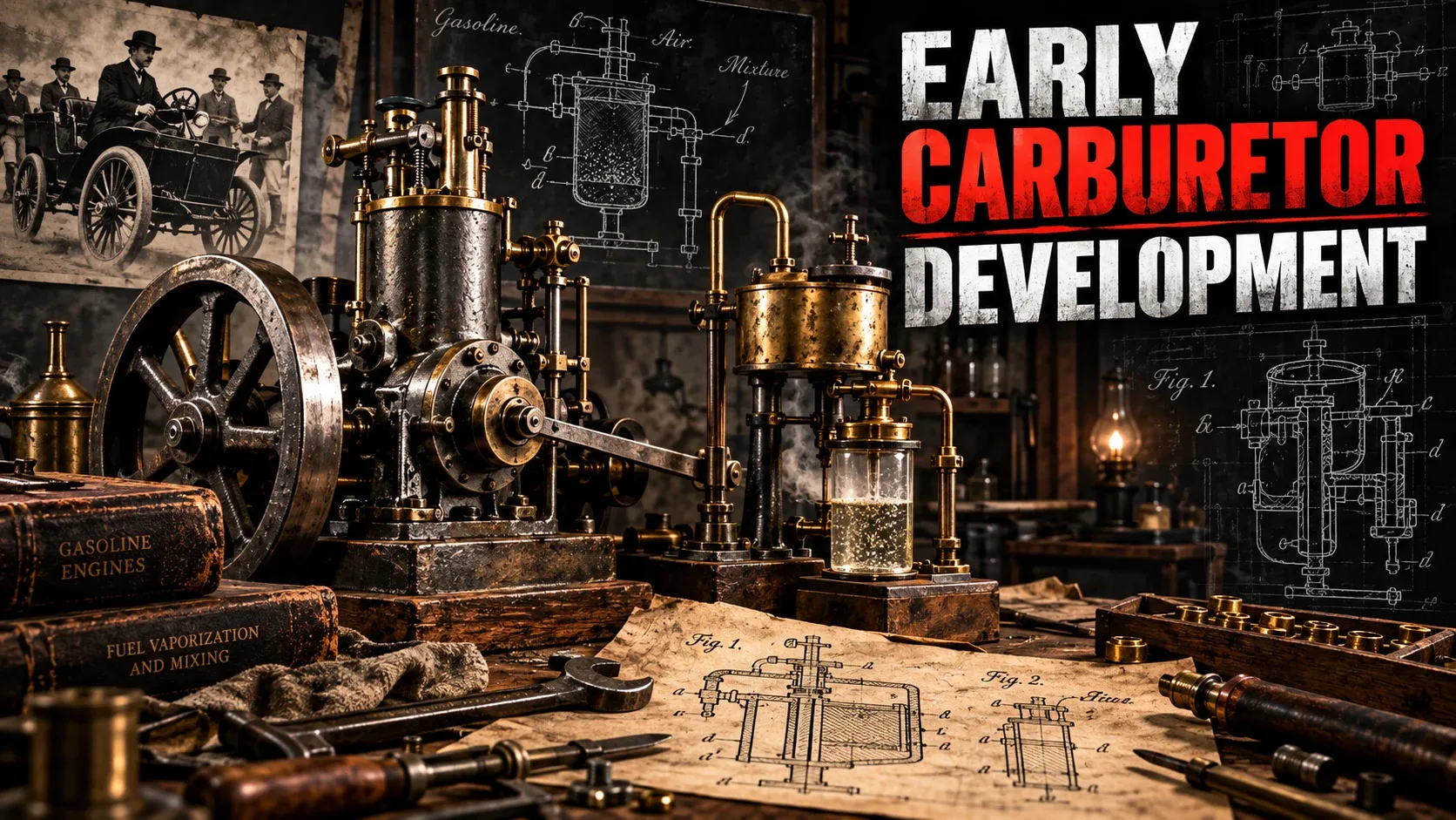 Early carburetor development with vintage engine, fuel vapor system and historical engineering drawings