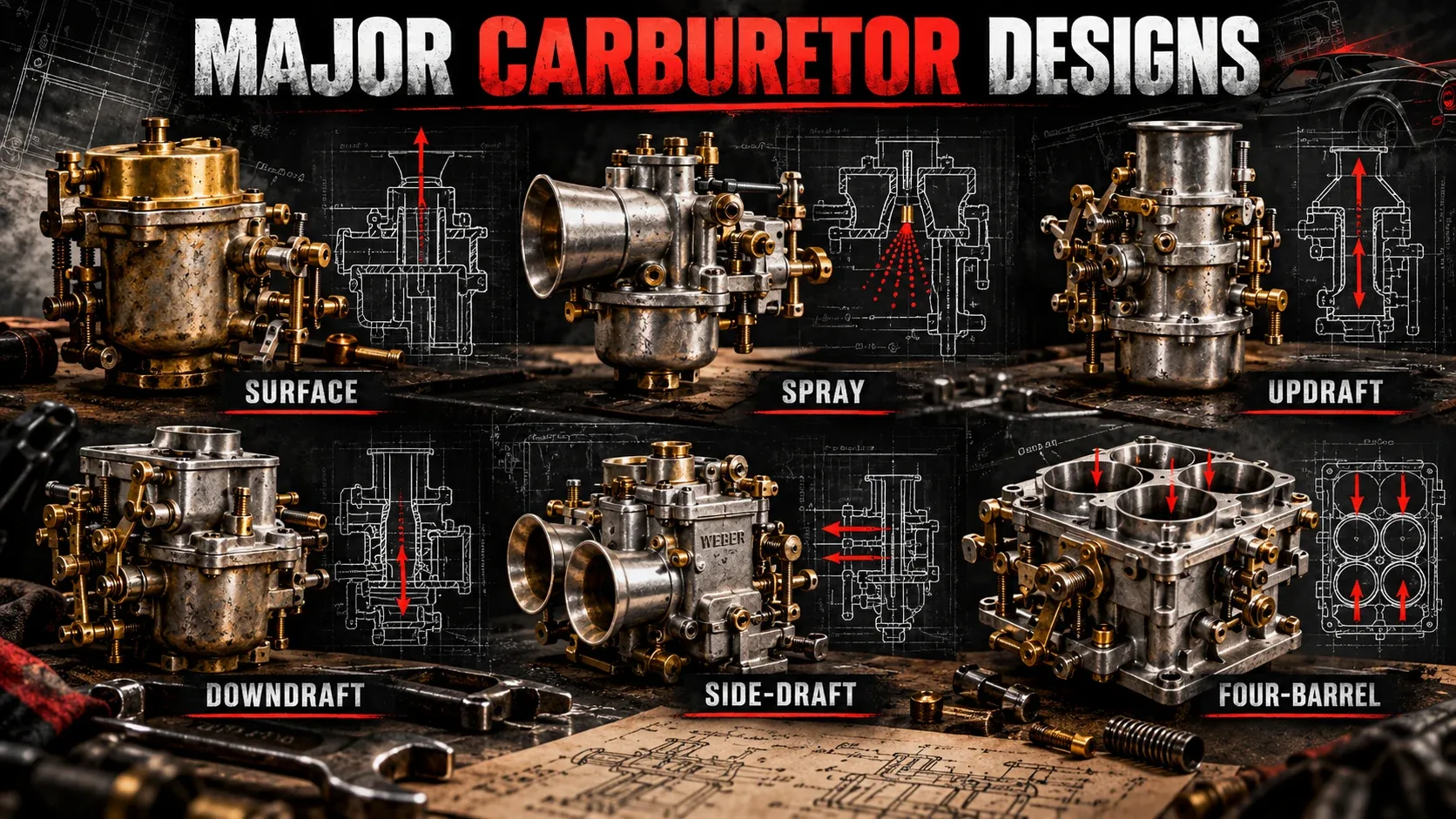 Major carburetor designs including surface, spray, updraft, downdraft, side draft and four barrel carburetors