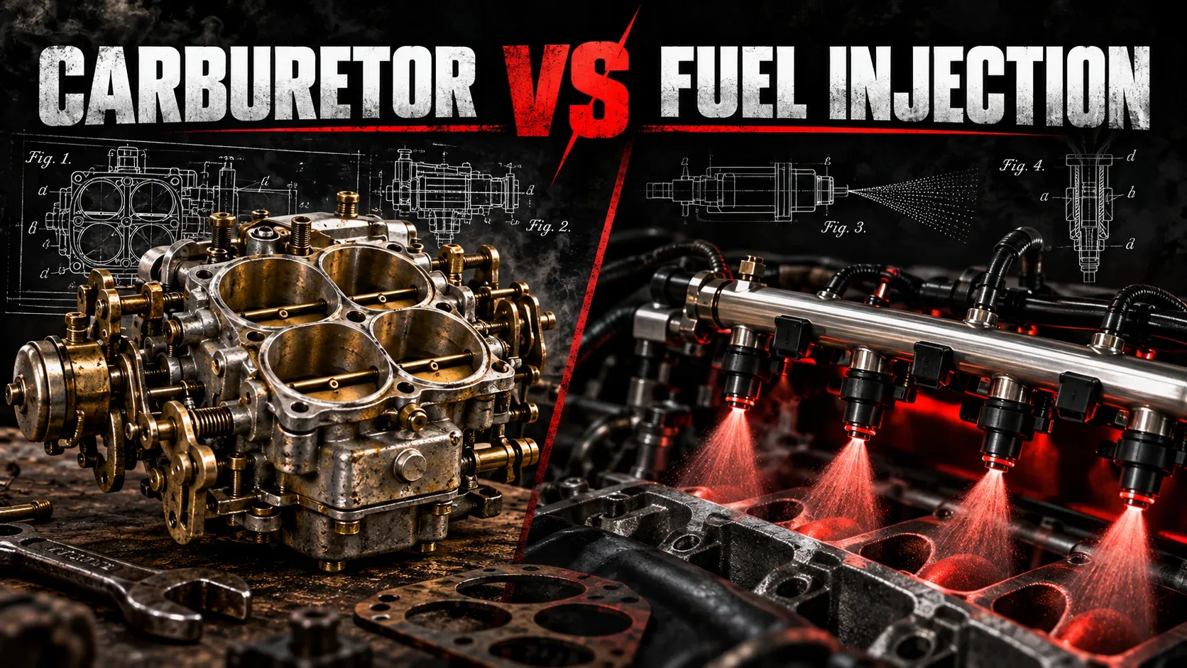 Carburetor vs fuel injection comparison showing classic carburetor and modern electronic fuel injectors