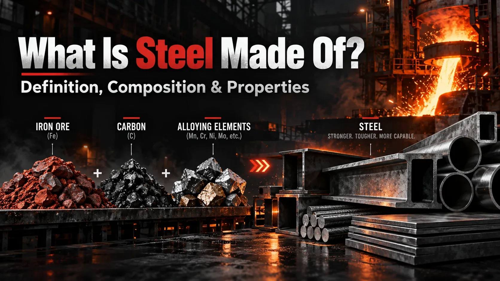What is steel made of showing iron carbon alloying elements and finished steel
