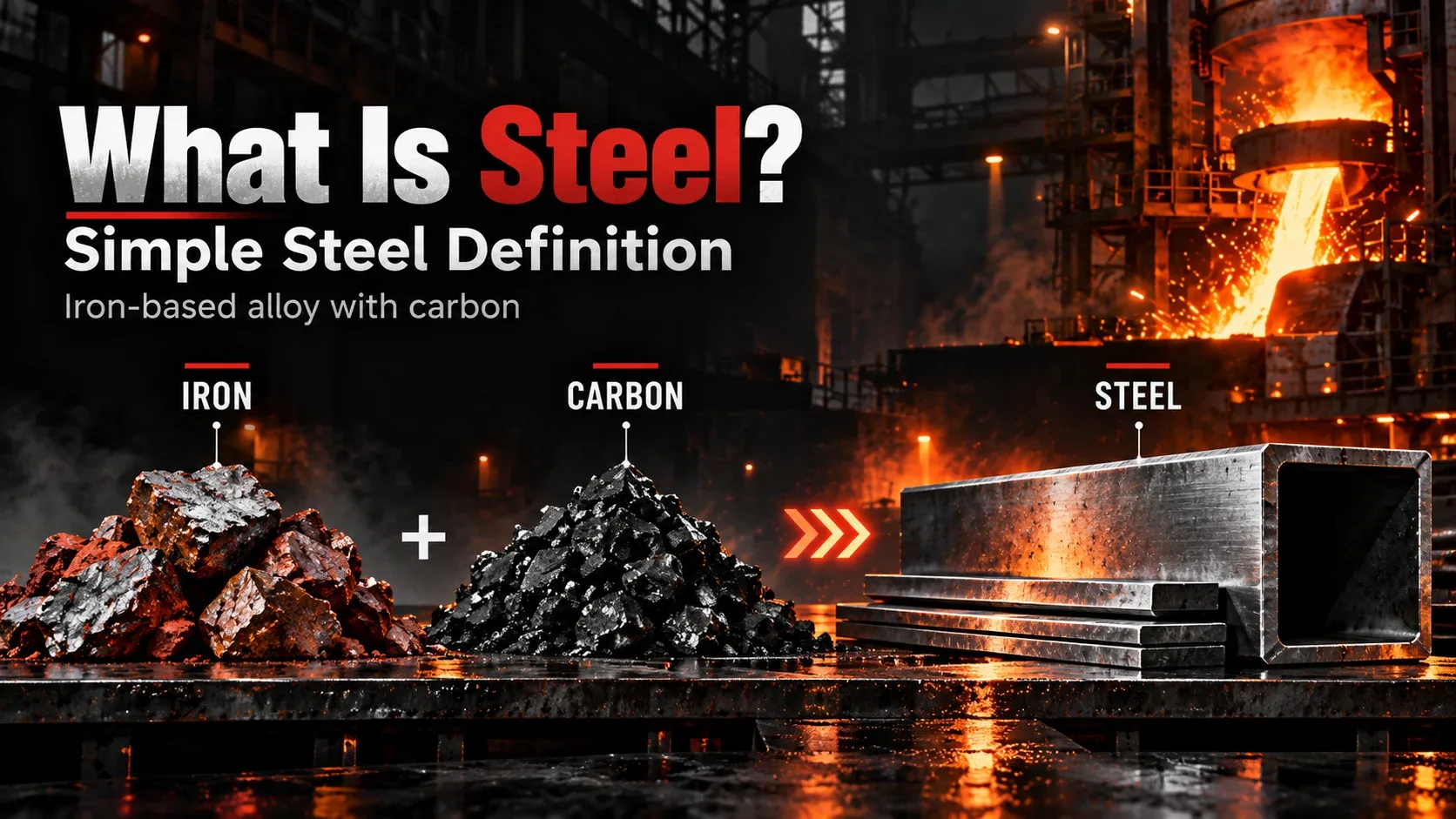 Steel definition showing iron and carbon combining to form steel