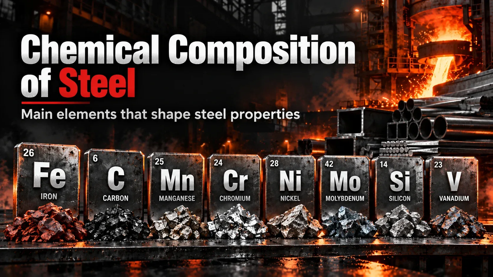 Chemical composition of steel showing iron carbon manganese chromium nickel molybdenum silicon and vanadium