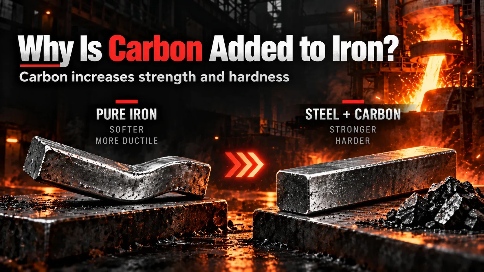 Why carbon is added to iron showing softer iron compared with stronger harder steel