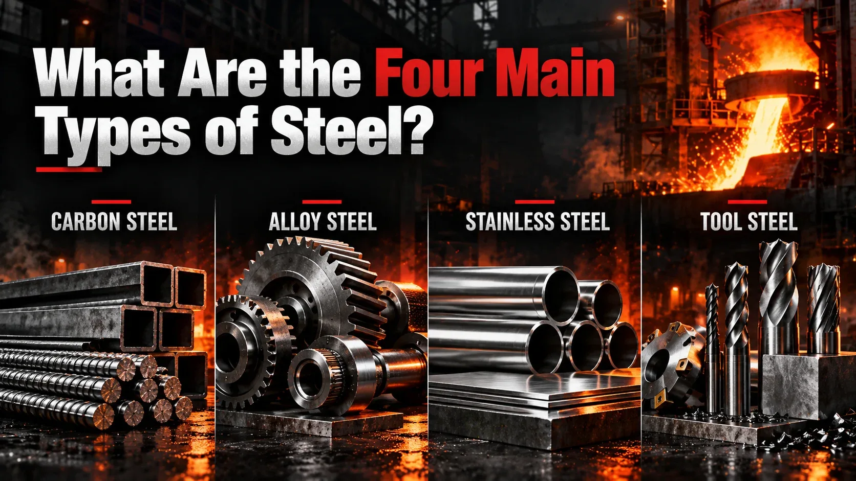 Four main types of steel carbon steel alloy steel stainless steel and tool steel