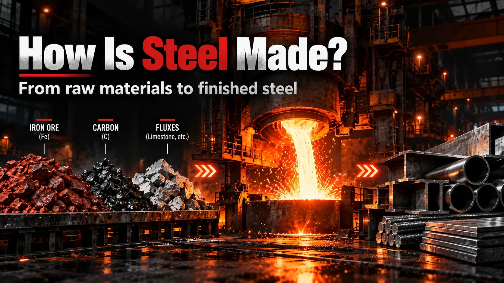 How steel is made from raw materials through molten steel to finished steel products