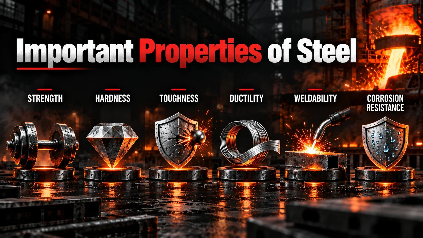 Important properties of steel including strength hardness toughness ductility weldability and corrosion resistance