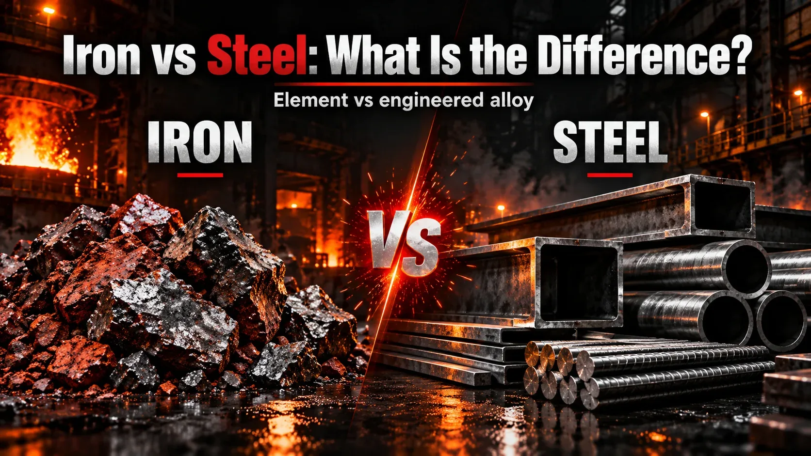 Iron vs steel comparison showing iron ore and finished steel products