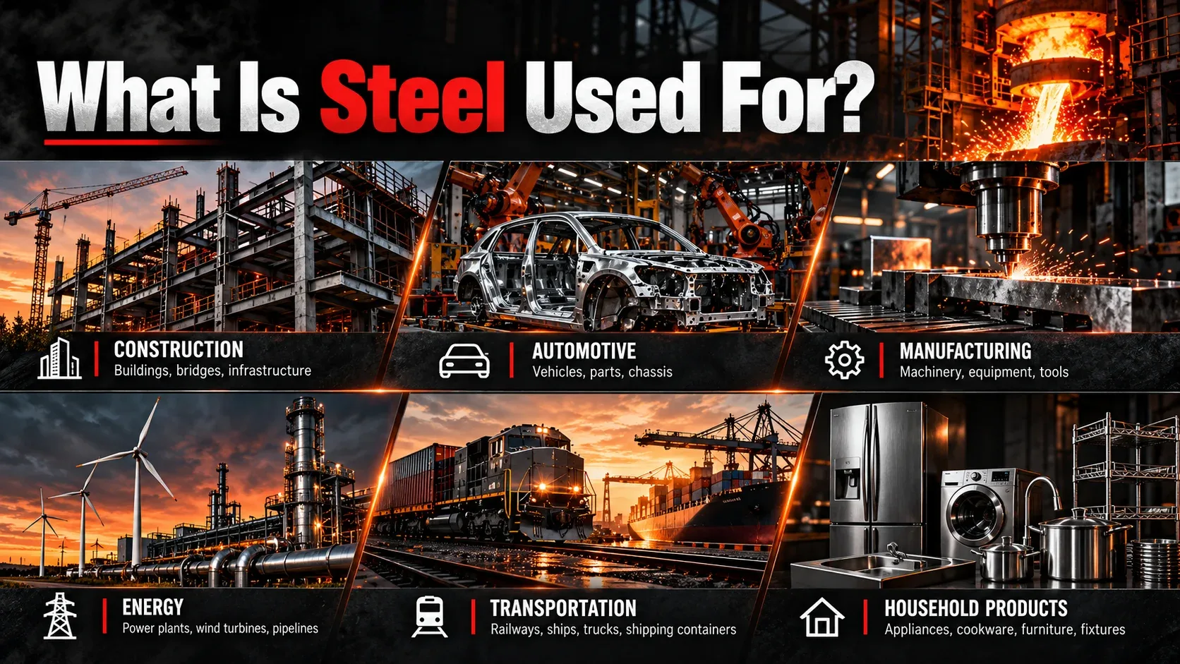 Common uses of steel in construction automotive manufacturing energy transportation and household products