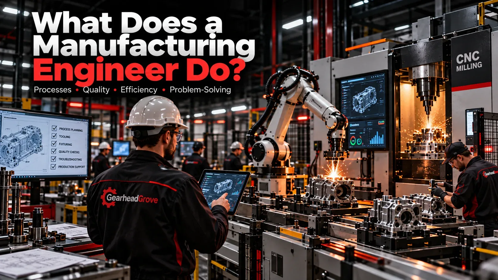 Manufacturing engineer working with CNC machining robotics process planning quality and production systems