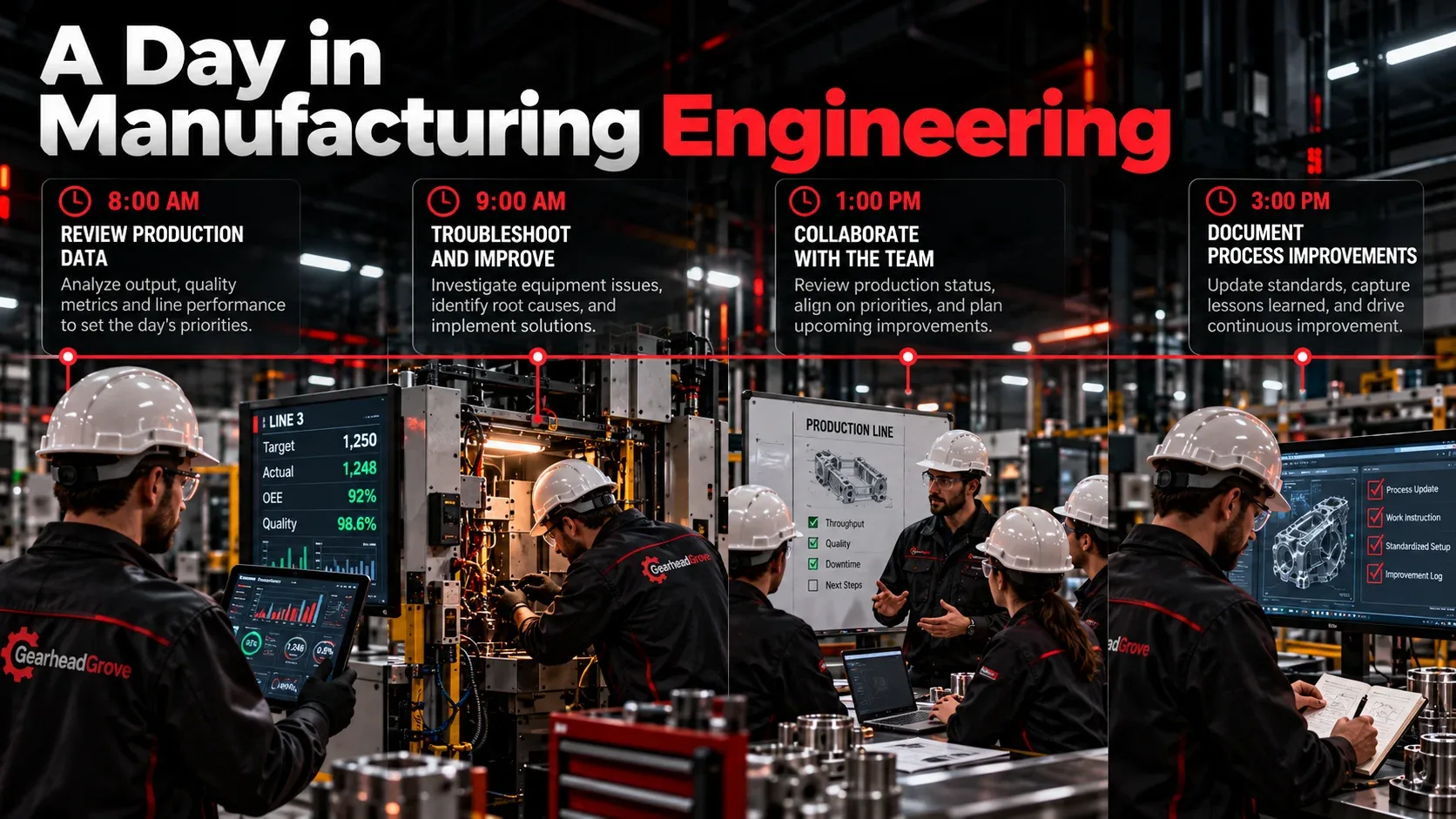 A typical day in manufacturing engineering from production review to troubleshooting meetings and process documentation